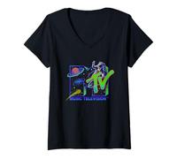 Mujer MTV Moon Man Galaxy Neon Space Vibe Camiseta Cuello V