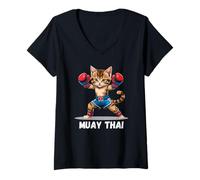 Mujer Muay Thai Gatito Amante Gato Artista Marcial Boxeo Tailandés Camiseta Cuello V