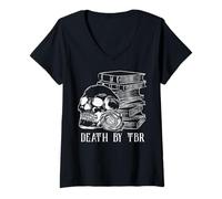 Mujer Muerte por TBR Funny Death by Books Skull Dark Book Lover Camiseta Cuello V