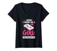 Mujer Mujer de Cornhole, Divertida, Lanzo como una niña, Trato de Mantener el Ritmo Camiseta Cuello V