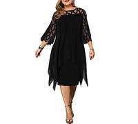 Mujer Mujer Elegante Midi Vestidos de Cóctel Cuello Redondo Manga 3/4 Tallas Grandes Fiesta Noche Vestido de Gasa D Negro XXL