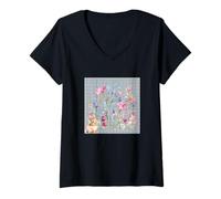Mujer MUJER FLORAL ACUARELA BOTÁNICA FLOR CONEJITO Y ZUMMING Camiseta Cuello V