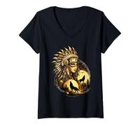 Mujer Mujer India nativa Americana con Lobo Blanco Vitage Regalos Camiseta Cuello V