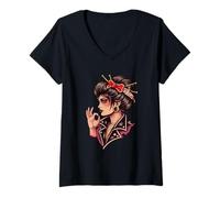Mujer Mujer Japonesa empoderada Biker Tatuaje Arte Día de la Mujer Camiseta Cuello V
