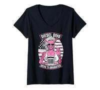 Mujer Mujer Trucker Diesel Diva Female Devil Truck Driver Bandera de Estados Unidos Camiseta Cuello V