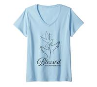 Mujer Mujeres cristianas, paloma rosada, bendita, niños o niñas, cruzan a Cristo Camiseta Cuello V
