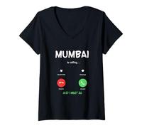 Mujer Mumbai está Llamando y Debo IR a India Viajando Camiseta Cuello V