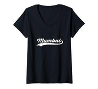 Mujer Mumbai India Vintage Cursiva Nombre de la Ciudad Modo de Vacaciones Camiseta Cuello V