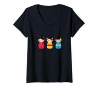 Mujer Muñecas Kokeshi japonesas tradicionales Camiseta Cuello V