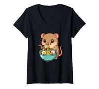 Mujer Musaraña de Horsfield Comiendo Fideos Ramen Kawaii Lindo Divertido Camiseta Cuello V