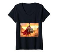 Mujer Muscular guerrero espartano está listo bajo una ardiente puesta de sol Camiseta Cuello V