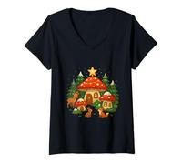 Mujer Mushroom Christmas Village Cottagecore Holiday Camiseta Cuello V