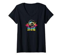 Mujer Music Headphones DJ Feel The Beat Live The Vibe Retro Sound Camiseta Cuello V