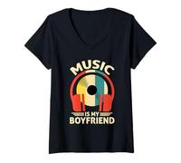Mujer Music Is My Boyfriend - Auriculares Retro Divertidos para Amantes de la música Camiseta Cuello V
