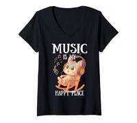 Mujer Music Is My Happy Place Cute Kawaii Cat Auricular Cozy Music Camiseta Cuello V