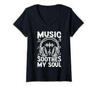Mujer Music Soothes My Soul Vintage Auriculares Amantes de la música Camiseta Cuello V