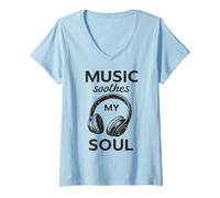 Mujer Music Soothes Soul Auriculares Guitarra Vintage Camiseta Cuello V