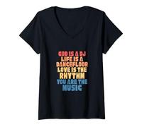 Mujer Músico Musical God Is A DJ Life Is A Dance Floor Retro Camiseta Cuello V