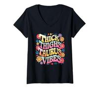 Mujer Muslos gruesos Tauro Vibes Funny Retro Zodiac Astrología Camiseta Cuello V