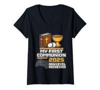 Mujer My 1st First Communion 2025 Boys Girls Controller Videojuego Camiseta Cuello V