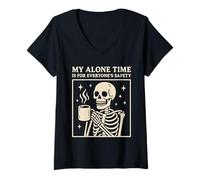 Mujer My Alone Time Is For Everyones Safety Skeleton Coffee Camiseta Cuello V
