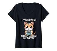 Mujer My Boyfriend Is Hotter Than My Coffee Camiseta Cuello V