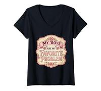 Mujer My Boys Are My Favorite Problem Divertido Día de la Madre Mamá Hijos Camiseta Cuello V