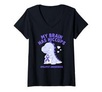 Mujer My Brain Has Hiccup Epilepsy Awareness Dino Purple Ribbon Camiseta Cuello V