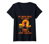 Mujer My Broom Broke So Now I Teach 2nd Grade Teacher Halloween Camiseta Cuello V