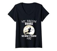 Mujer My Broom Broke So Now I Teach Art Funny Halloween Teacher Camiseta Cuello V