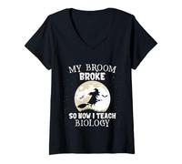 Mujer My Broom Broke So Now I Teach Biology Funny Halloween Camiseta Cuello V