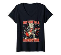 Mujer My Cat Is A Rockstar Cat Guitarra Rock Camiseta Cuello V