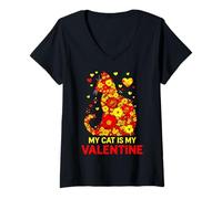 Mujer My Cat Is My Valentine Cute Cat Lover Corazones Floral Mujeres Camiseta Cuello V