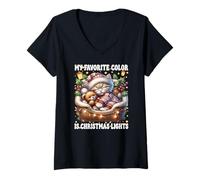 Mujer My Favorite Color Is Christmas Lights Cute Xmas Winter Cat Camiseta Cuello V