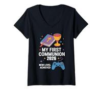 Mujer My First Communion 2026 New Level Achieved Comunión Gamer Camiseta Cuello V