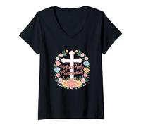 Mujer My First Holy Communion Cruz Flores Iglesia Cristiana Camiseta Cuello V
