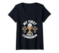 Mujer My First Holy Communion Cruz Flores Iglesia Cristiana Camiseta Cuello V