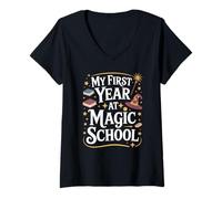Mujer My First Year at Magic School 1st Grade Wizard Boys Girls Camiseta Cuello V