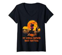 Mujer My German Shepherd Rides Shotgun Dog and Witch Halloween Camiseta Cuello V