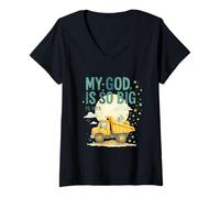 Mujer My God Is So Big Psalm 147:5 Construction Truck Watercolor Camiseta Cuello V