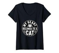 Mujer My Heart Belongs To A Cat Camiseta Cuello V