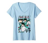 Mujer My Hero Academia Deku Action Poses Collage with Kanji Anime Camiseta Cuello V