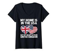 Mujer My Home USA My Heart, Bandera del Orgullo británico-Estadounidense del Reino Unido Camiseta Cuello V
