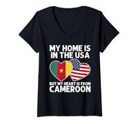 Mujer My Home USA My Heart Camerún Orgullo Camerunés Americano Camiseta Cuello V