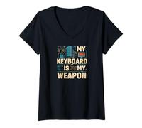 Mujer My Keyboard Is My Weapon Coder Programmer Tech Camiseta Cuello V