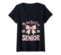 Mujer My Last First Day Senior Year Pink Bow Regreso a la escuela Camiseta Cuello V