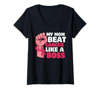 Mujer My Mom Beat Cancer Like a Boss Pink Ribbon Fist Camiseta Cuello V