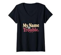 Mujer My Name Is Trouble Mensajes de Texto Divertidos Citas Divertidas de Humor Camiseta Cuello V