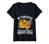 Mujer My Portfolio Acciones, Bienes Raíces & Happy Fish Funny Investor Camiseta Cuello V