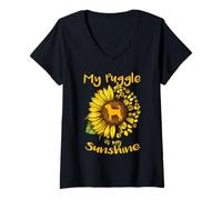 Mujer My Puggle Dog Is My Sunshine Sunflower Dog Paw Puppy Lover Camiseta Cuello V